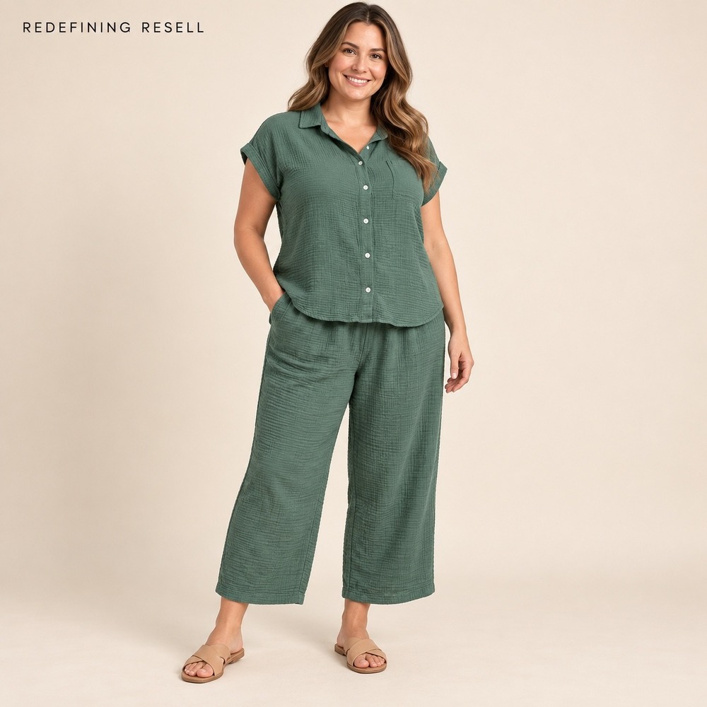 Jessica Simpson Green Cotton Gauze 2 Piece Set Button Top Wide Leg Pants XL